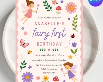 Invitación editable para el primer cumpleaños de una niña con temática de hadas y setas, invitación para fiesta temática de cuento de hadas, plantilla imprimible de Canva para descarga digital.