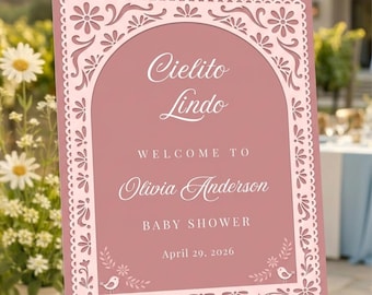 Letrero de bienvenida editable Cielito Lindo rosa empolvado, letrero imprimible para baby shower de niña, decoración de papel picado con temática de talavera mexicana, Canva