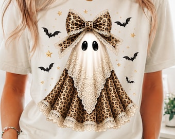 Cute Leopard Ghost PNG, Girly Spooky Halloween Sublimation Shirt Design, Boho Fall Preppy PNG, Instant Download