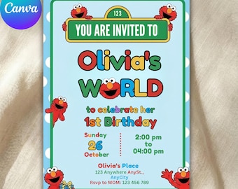 May include: A light blue invitation with a green border and white polka dots. The invitation reads "YOU ARE INVITED TO Olivia's WORLD to celebrate her 1st Birthday." Elmo characters are featured throughout the design. The date and time are also included.