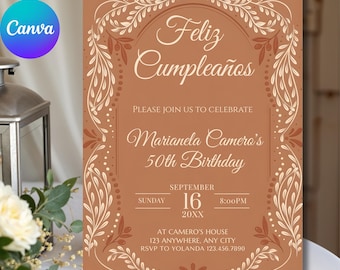 Invitación de cumpleaños de Cielito Lindo, invitación de 50 cumpleaños en español de terracota, fiesta mexicana de Papel Picado, plantilla Canva editable