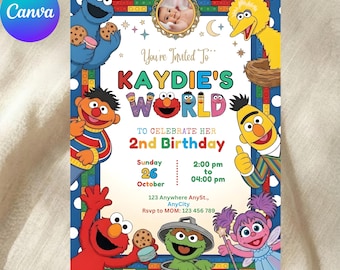 Invitación de cumpleaños de Elmo editable, invitación para fiesta infantil de Barrio Sésamo, tarjeta de cumpleaños personalizada con foto, plantilla digital descargable de Canva