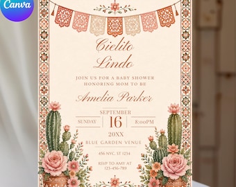 Cielito Lindo Mexican Baby Shower Invitation, Talavera Papel Picado Spanish Fiesta Theme, Editable Canva Template, Instant Download