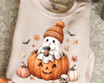 Ghost Coffee PNG, Spooky Season Pumpkin Beanie Halloween Sublimation Shirt Design, Fall Clipart, Instant Download