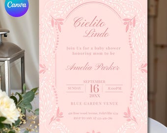 Cielito Lindo Dusty Pink Girl Baby Shower Invitation, Mexican Talavera Papel Picado Spanish Theme, Editable Canva Template, Instant Download