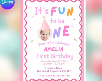 Invitación de cumpleaños editable "¡Es divertido tener un año!", invitación rosa para el primer cumpleaños de niña con foto, plantilla de Canva, invitación digital.
