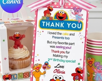 Etiquetas para recuerdos de cumpleaños de Elmo, editables para fiestas infantiles, etiquetas de agradecimiento, diseño rectangular moderno, recuerdos de fiesta, plantilla imprimible de Canva para manualidades.