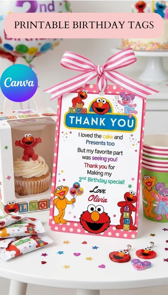 Elmo Birthday Favor Tags, Editable Kids Party Supply, Thank You Tag, Modern Rectangle Design, Party Favors, Printable DIY Canva Template