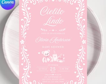 Editable Cielito Lindo Baby Shower Invitation for Girl, Dusty Pink Mexican Theme Invite, Talavera Papel Picado, Canva Template