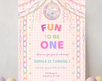 It's Fun to Be One Girl 1st Birthday Invitation, Pastel Retro Whimsical Disco Garland, Paper Chain Canva Template, Digital Download