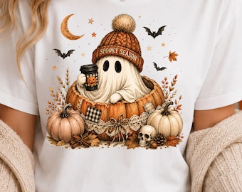 Ghost Coffee PNG, Cute Beanie Pumpkin Spooky Season Halloween Sublimation Shirt Design, Retro Fall PNG
