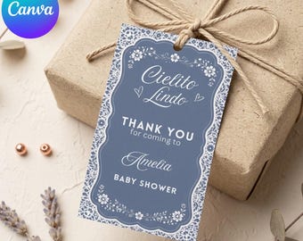 Etiqueta azul Cielito Lindo Favor, Talavera Papel Picado mexicano gracias etiqueta, baby shower party favor, DIY imprimible, plantilla Canva editable