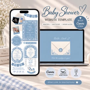 May include: A digital baby shower website template displayed on a smartphone and laptop screen. The design features light blue floral borders, a rocking horse illustration, a countdown timer, and interactive buttons for registry, location, and RSVP.