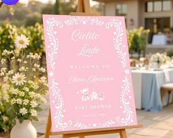 Editable Cielito Lindo Dusty Pink Girl Baby Shower Welcome Sign, Mexican Talavera Spanish Fiesta Theme, Canva Template, Instant Download