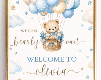 We Can Bearly Wait Baby Shower Welcome Sign, Boho Teddy Bear Blue Balloon Boy Decor, Editable Canva Template, Instant Download