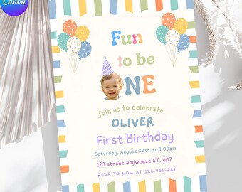 Fun to Be One Boy 1st Birthday Invitation, Colorful Party Hat Custom Photo Canva Template, Instant Download