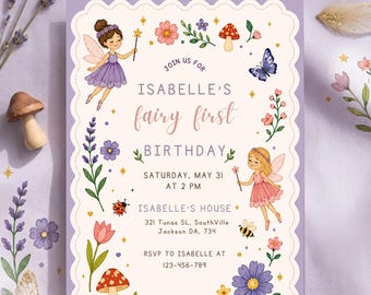 Plantilla editable de invitación de primer cumpleaños de hadas, invitación de primer cumpleaños para niña, fiesta de flores silvestres, temática de cuento de hadas, descarga instantánea de Canva.