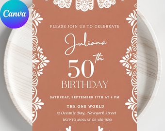 Invitación de cumpleaños de Cielito Lindo, invitación de 50 cumpleaños en español de terracota, Fiesta Boho Mexicana de Papel Picado, plantilla Canva editable