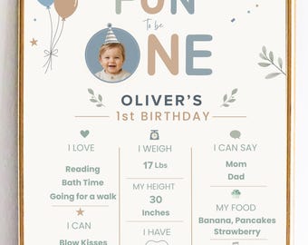 Editable 1st Birthday Milestone Stats Sign, Fun to be One Photo Poster, First Year Baby Stats Board, Canva Template Instant Download