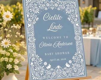 Cielito Lindo Signo de Bienvenida Azul Baby Shower Boy Invitación Fiesta Mexicana Talavera Papel Picado Signo Canva Plantilla Descarga Digital