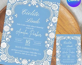 Invitación editable al baby shower de Talavera mexicana Cielito Lindo, plantilla de fiesta de papel picado azul polvoriento, plantilla editable de Canva