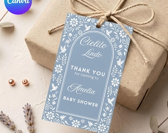 Etiquetas de recuerdo editables de Cielito Lindo, etiquetas de agradecimiento de Talavera azul empolvado, decoración para baby shower mexicano, etiquetas de fiesta de papel picado, plantilla de Canva