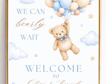 We Can Bearly Wait Boy Baby Shower Invitation Welcome Sign, Boho Teddy Bear Blue Balloon Decor, Editable Canva Template, Instant Download
