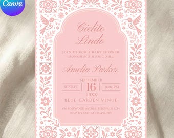 Invitación editable para baby shower de niña en color rosa empolvado de Cielito Lindo, temática mexicana Talavera española, invitación editable en Canva con diseño de papel picado.