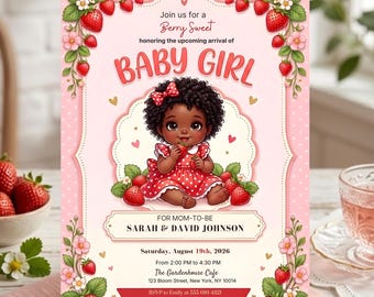 Invitación para baby shower con temática de fresas, invitación para niña con temática de bayas, baby shower afroamericano, invitación de princesa afroamericana, plantilla editable de Canva.