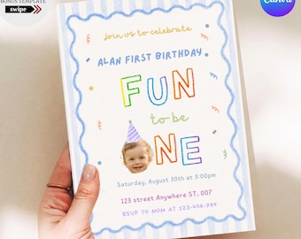 ¡Es divertido ser un niño! Invitación de primer cumpleaños, plantilla retro azul personalizada para foto en Canva, invitación digital imprimible, descarga instantánea.