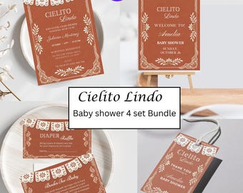Editable Cielito Lindo Baby Shower Invitation Bundle Boy, Invitación a Talavera Mexicana de Terracota, Tema Fiesta Papel Picado, Plantilla Canva