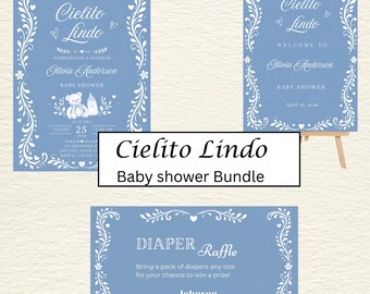 Cielito Lindo Mexican Baby Shower Invitation Bundle, Talavera Papel Picado Blue Terracotta Boy Invite, Editable Canva Template