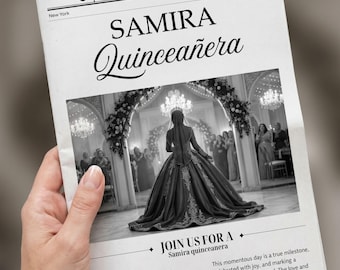Plantilla de periódico para guardar la fecha de la Quinceañera, invitación editable para cumpleaños de quinceañera, recuerdo fotográfico, diseño de Canva (descarga digital).