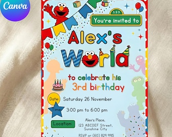 Plantilla editable de invitación de dibujos animados para niños, invitación de Barrio Sésamo, tarjeta de cumpleaños editable de Elmo, descarga instantánea