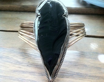 Arrowhead Black Obsidian Cuff Bracelet Sterling Silver Cuff Bronze Cuff Bracelet Statement Cuff Tribal Cuff