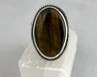 Tiger's Eye Sterling Silver Ring Twisted Wire Detail Split Ring Sterling Silver Band