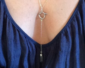 Quartz crystal point and twig lariat necklace Y necklace