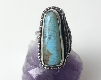 Kingman Turquoise Triangle Ring with Sterling Silver Beaded Wire and Feather Detail on a Double Sterling Silver Band