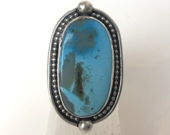Kingman Turquoise Oval Sterling Silver Ring with Beaded detail Double Split Sterling Band
