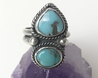 Arizona Turquoise 2 Stone Sterling Silver Ring with Twisted Wire and Double Split Ring Band