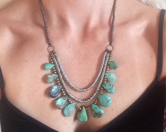 Bohemian Turquoise Copper and Brass Statement Necklace