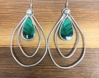 Malachite Sterling Silver Large Teardrop Organic Statement Earrings