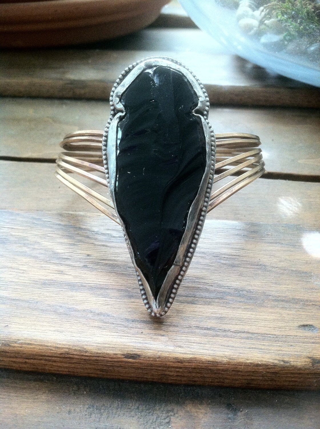 Arrowhead Black Obsidian Cuff Bracelet Sterling Silver Cuff Bronze Cuff Bracelet Statement Cuff Tribal Cuff Etsy