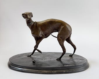 Bronze Greyhound/Whippet Sculpture Playing with Ball - Dog Statue