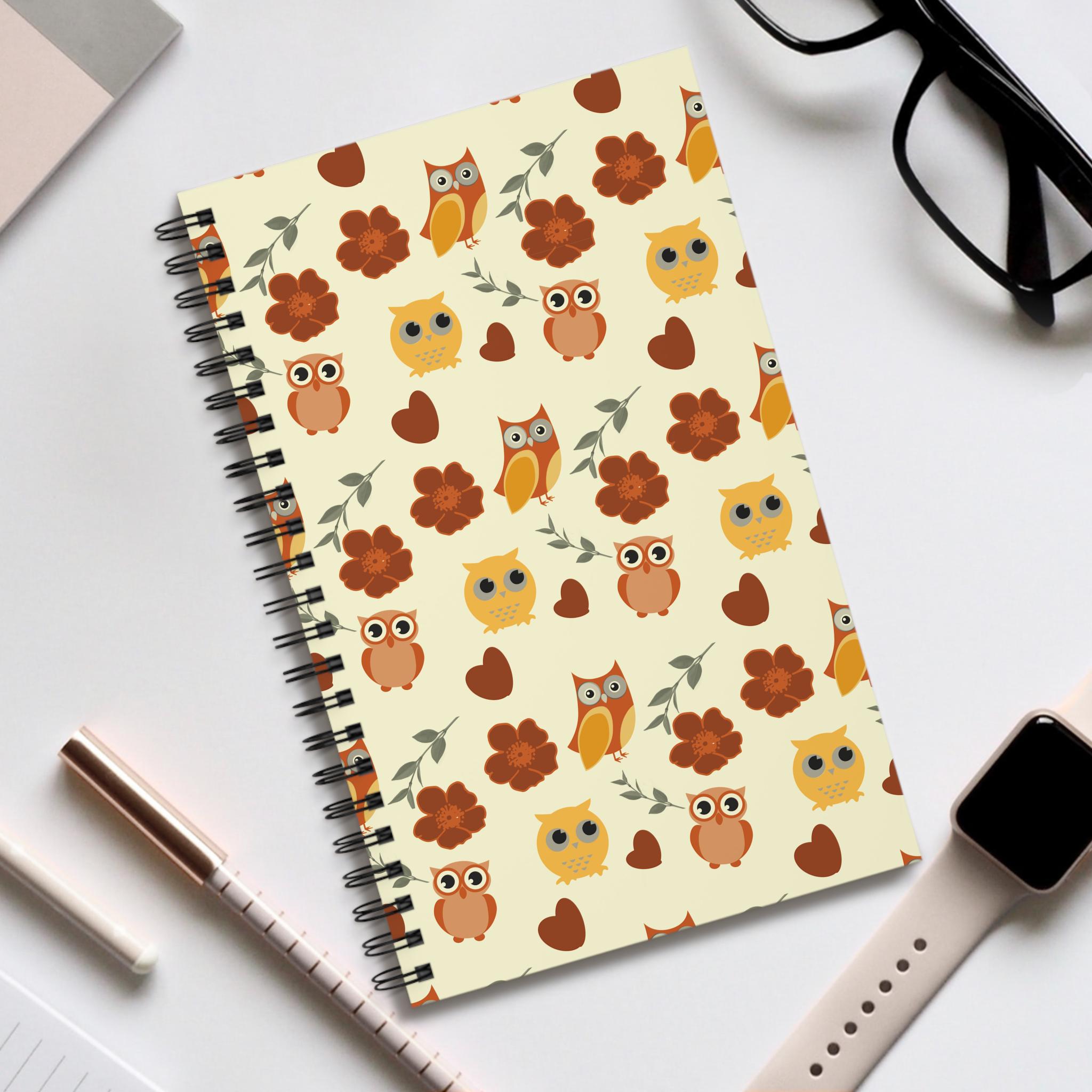 Owl Floral Leaf Pattern Journal Spiral Notebook