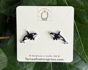 Orca Stud Earrings - Handmade Ocean Wildlife Jewelry - PNW Marine Animal Art - Killer Whale Lover Gift - Nature Earrings