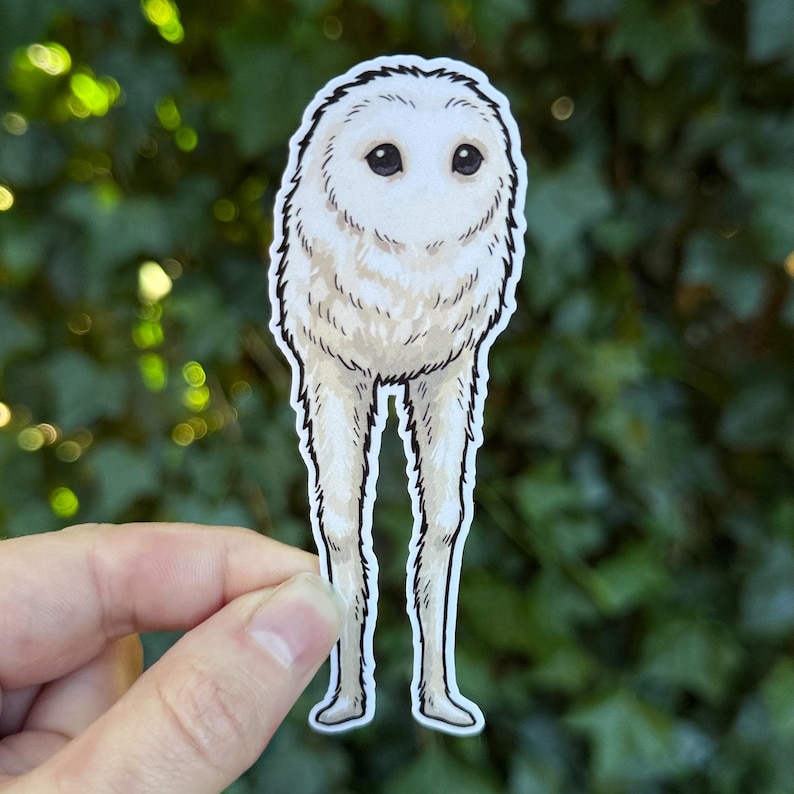 May include: A die-cut sticker featuring a stylized illustration of a white barn owl with a round, fluffy body and disproportionately long, slender legs. The owl has large, dark, expressive eyes and a soft, feathered texture in shades of cream.