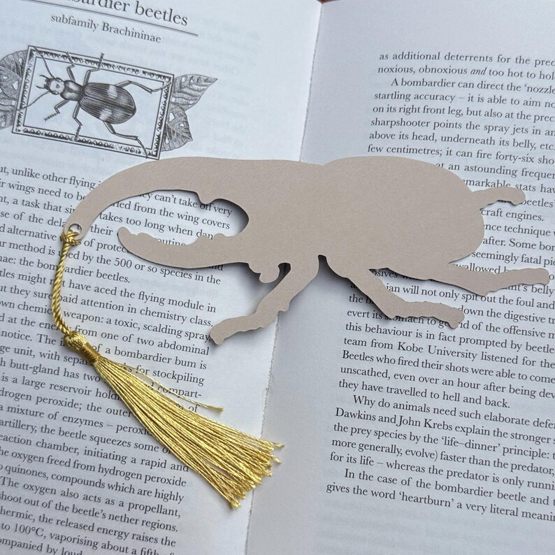 K&ouml;nnte beinhalten: Lesezeichen in K&auml;ferform aus beigem Karton mit goldener Quaste. Das Lesezeichen liegt auf einer Buchseite mit Text und einer K&auml;ferillustration. Ein einzigartiges Accessoire f&uuml;r Leser.