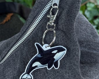 Llavero de orca - Arte de orca - Dije de biología marina - Fauna del Pacífico Noroeste - Llavero ligero de resina brillante de 7,6 cm para bolso