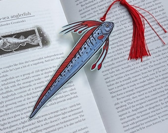 Oarfish Lesezeichen - Tiefsee Lesezeichen - Quasten Karton - Wissenschaftliche Illustration - Seeschlange Buch Liebhaber Geschenk